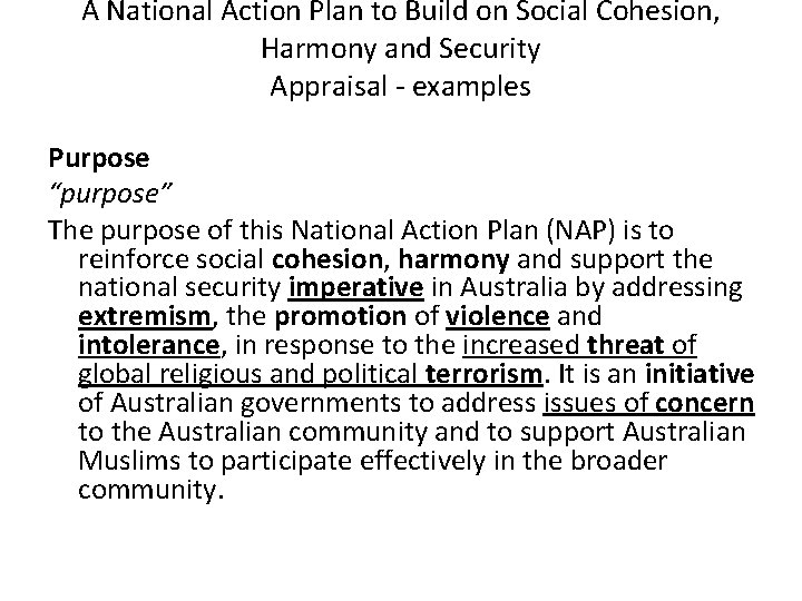 A National Action Plan to Build on Social Cohesion, Harmony and Security Appraisal -