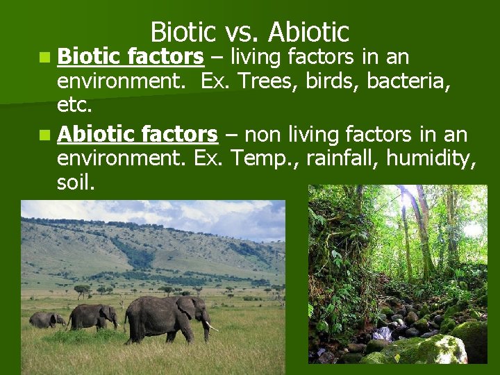 n Biotic vs. Abiotic factors – living factors in an environment. Ex. Trees, birds,