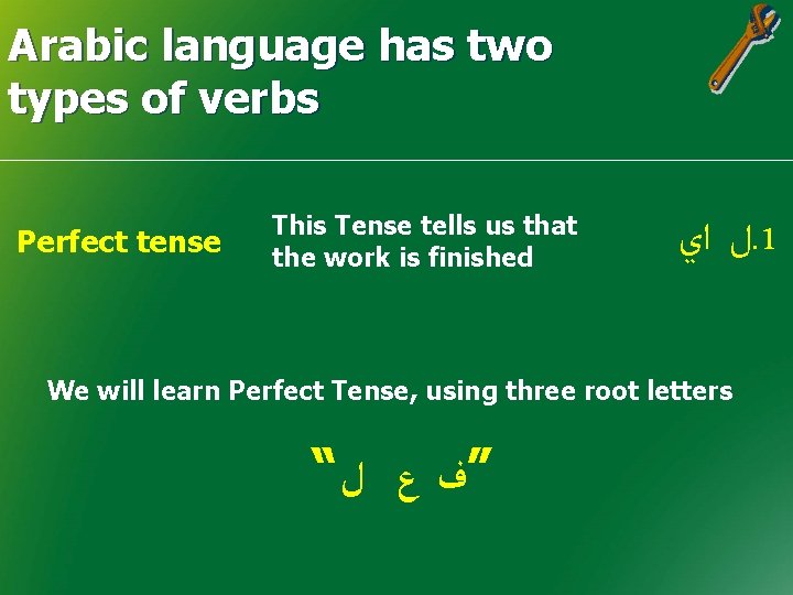 Arabic language has two types of verbs Perfect tense This Tense tells us that