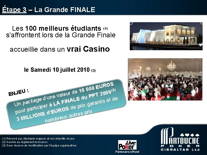 Étape 3 – La Grande FINALE Les 100 meilleurs étudiants (1) s’affrontent lors de