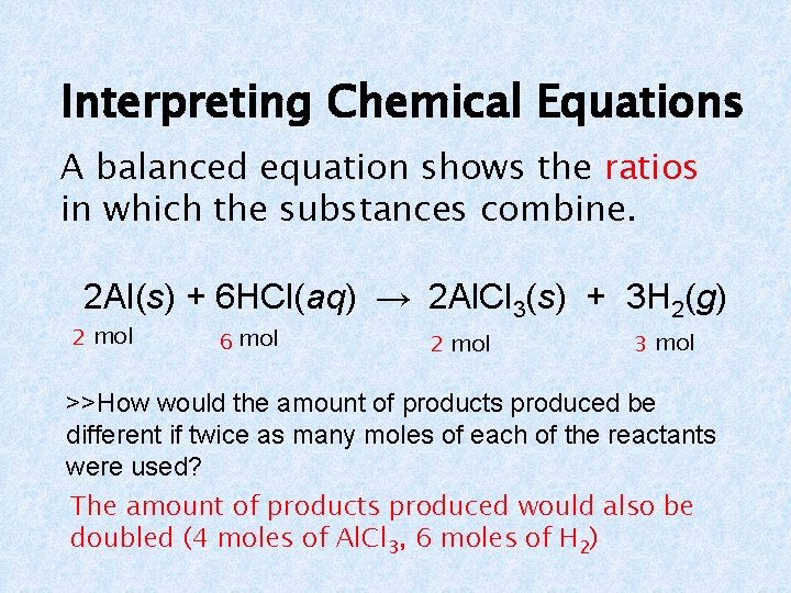Interpreting Chemical Equations A balanced equation shows the ratios in which the substances combine.