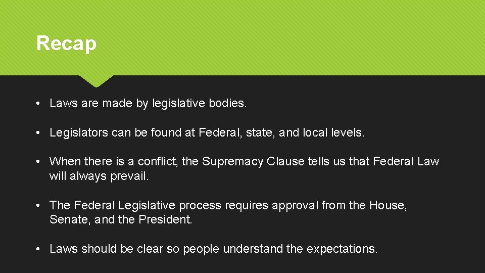 Recap • Laws are made by legislative bodies. • Legislators can be found at