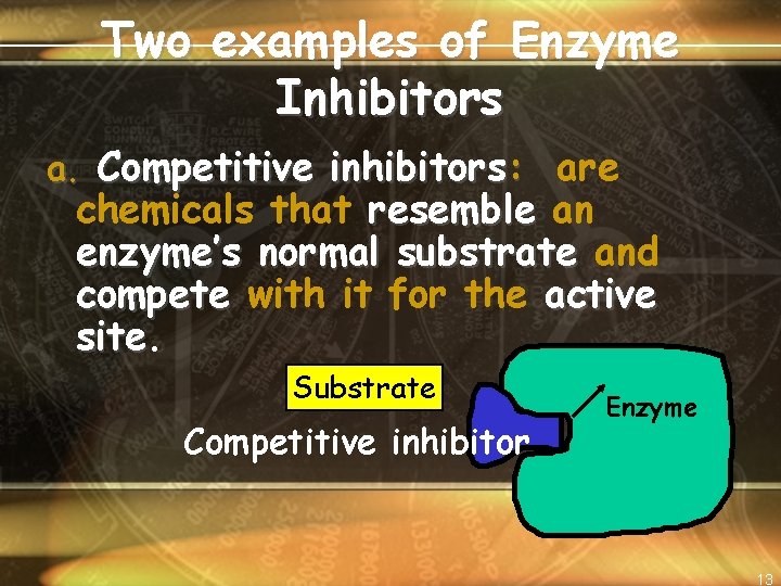 Two examples of Enzyme Inhibitors a. Competitive inhibitors: are chemicals that resemble an enzyme’s