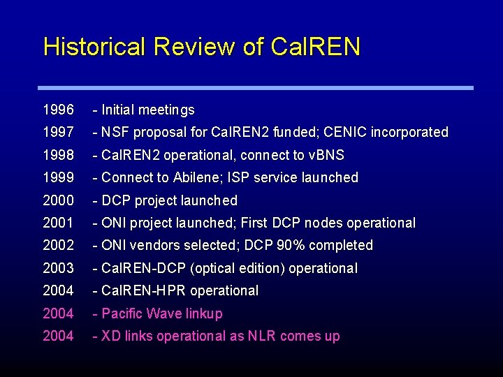 Historical Review of Cal. REN 1996 - Initial meetings 1997 - NSF proposal for