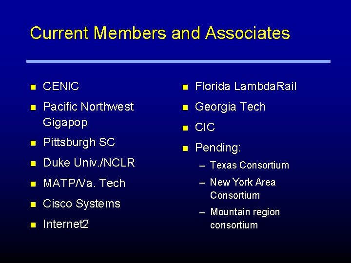 Current Members and Associates n CENIC n Florida Lambda. Rail n Pacific Northwest Gigapop