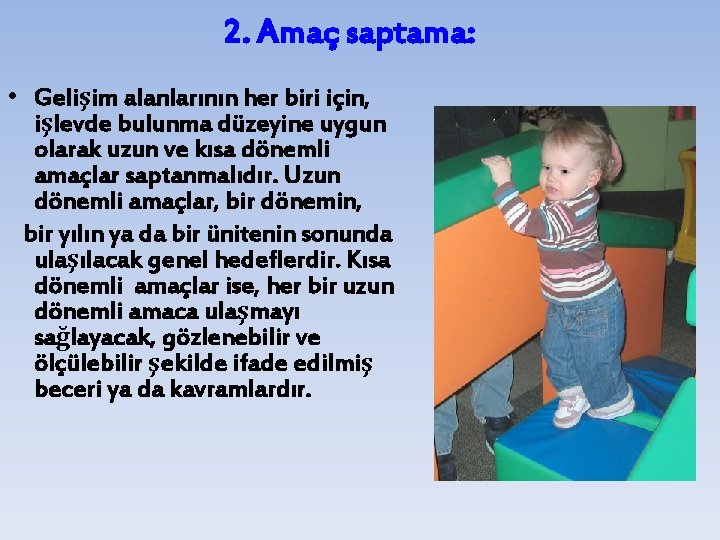 2. Amaç saptama: • Gelişim alanlarının her biri için, işlevde bulunma düzeyine uygun olarak
