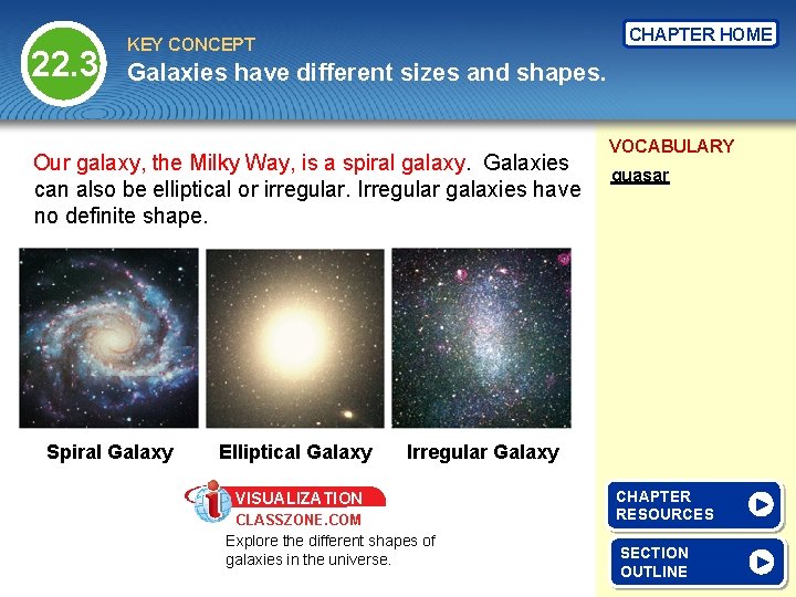 22. 3 CHAPTER HOME KEY CONCEPT Galaxies have different sizes and shapes. Our galaxy,