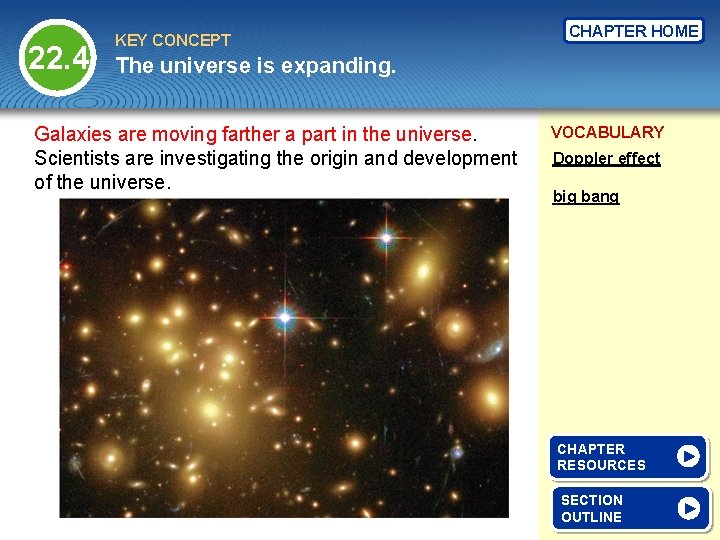 22. 4 KEY CONCEPT CHAPTER HOME The universe is expanding. Galaxies are moving farther