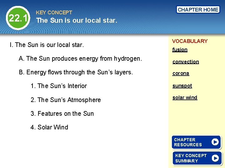 22. 1 KEY CONCEPT CHAPTER HOME The Sun is our local star. I. The