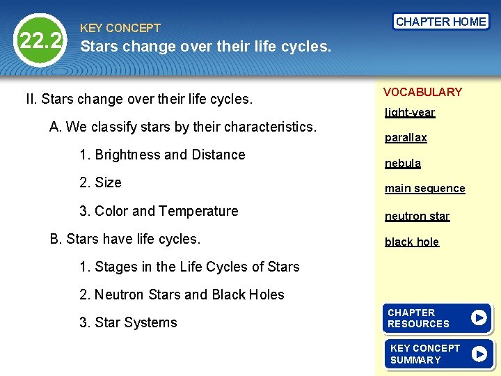 22. 2 KEY CONCEPT CHAPTER HOME Stars change over their life cycles. II. Stars