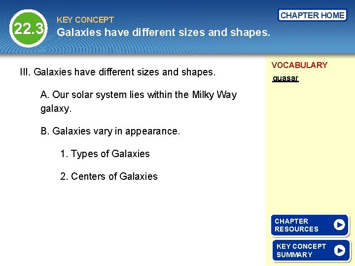 22. 3 KEY CONCEPT CHAPTER HOME Galaxies have different sizes and shapes. III. Galaxies