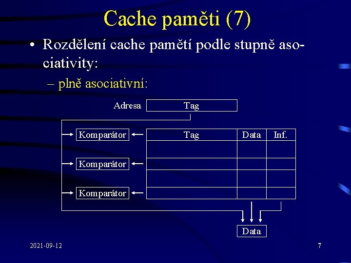 Cache paměti (7) • Rozdělení cache pamětí podle stupně asociativity: – plně asociativní: Adresa