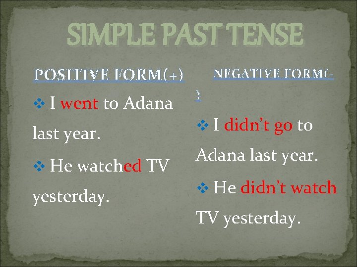 SIMPLE PAST TENSE POSITIVE FORM(+) v I went to Adana last year. v He