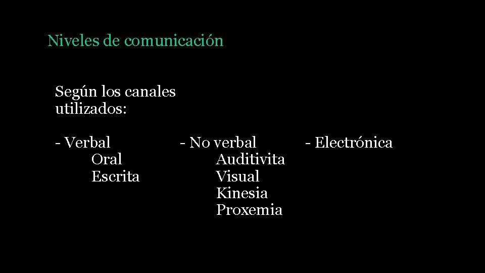 Niveles de comunicación Según los canales utilizados: - Verbal Oral Escrita - No verbal