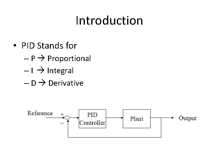 Introduction • PID Stands for – P Proportional – I Integral – D Derivative