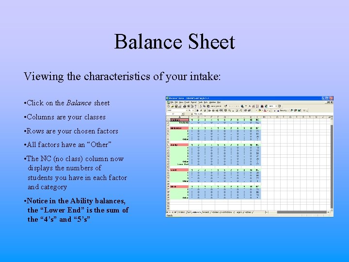 Balance Sheet Viewing the characteristics of your intake: • Click on the Balance sheet