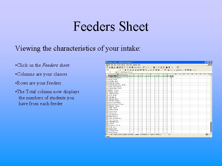 Feeders Sheet Viewing the characteristics of your intake: • Click on the Feeders sheet