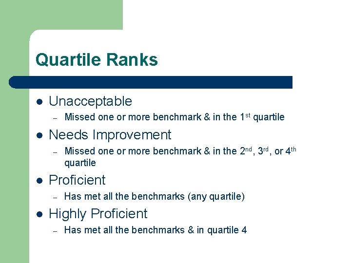 Quartile Ranks l Unacceptable – l Needs Improvement – l Missed one or more