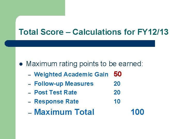 Total Score – Calculations for FY 12/13 l Maximum rating points to be earned: