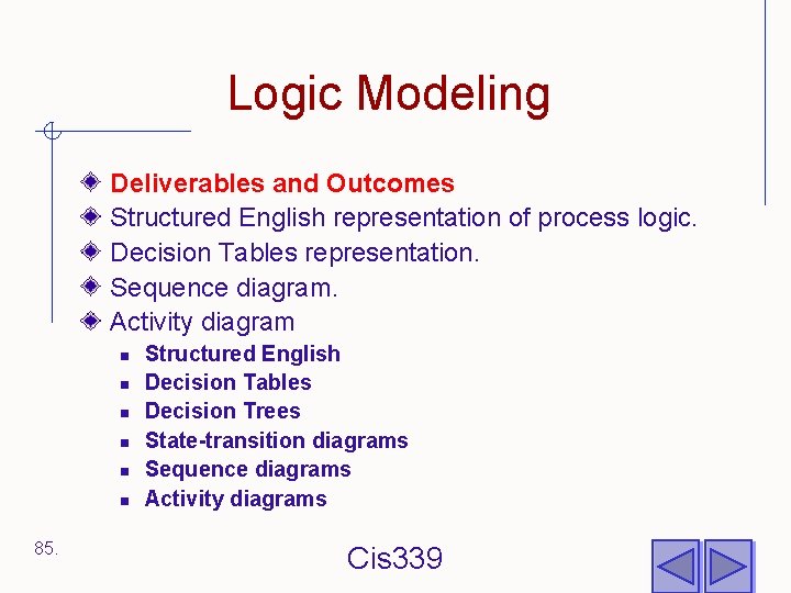 Logic Modeling Deliverables and Outcomes Structured English representation of process logic. Decision Tables representation.