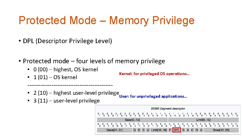 Protected Mode – Memory Privilege • DPL (Descriptor Privilege Level) • Protected mode –