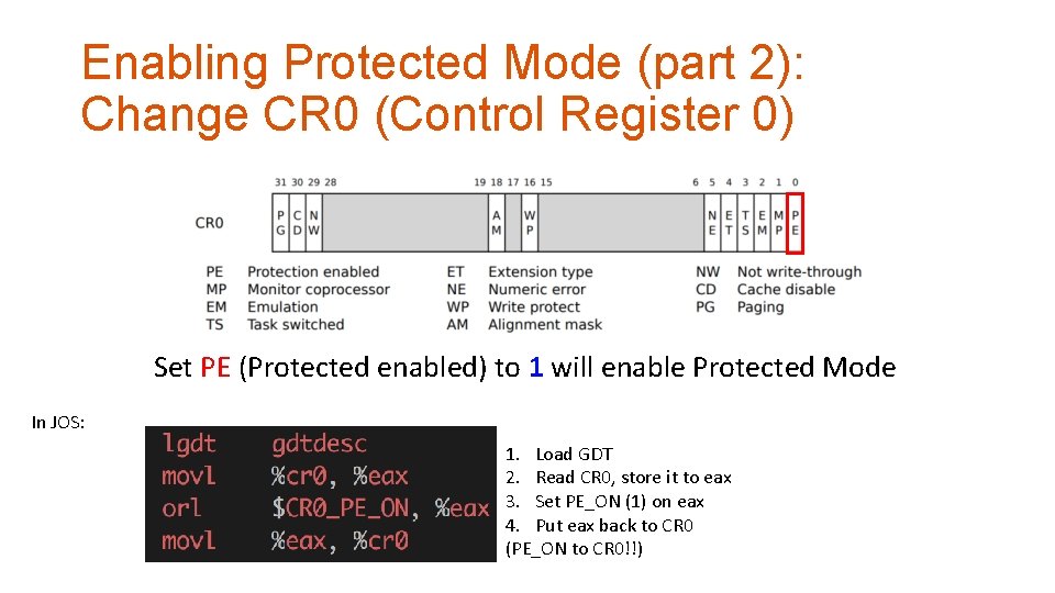 Enabling Protected Mode (part 2): Change CR 0 (Control Register 0) Set PE (Protected