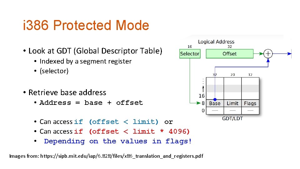 i 386 Protected Mode • Look at GDT (Global Descriptor Table) • Indexed by