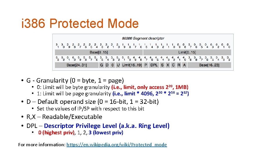 i 386 Protected Mode • G - Granularity (0 = byte, 1 = page)