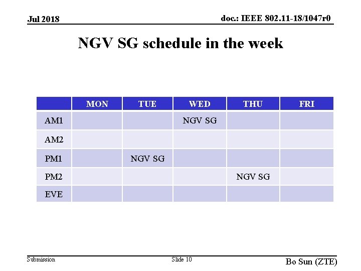 doc. : IEEE 802. 11 -18/1047 r 0 Jul 2018 NGV SG schedule in
