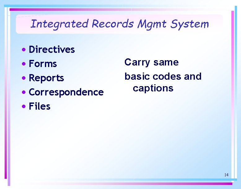 Integrated Records Mgmt System • Directives • Forms • Reports • Correspondence • Files