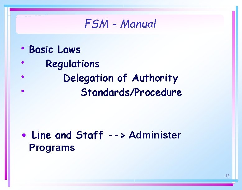 FSM - Manual • Basic Laws • Regulations • Delegation of Authority • Standards/Procedure