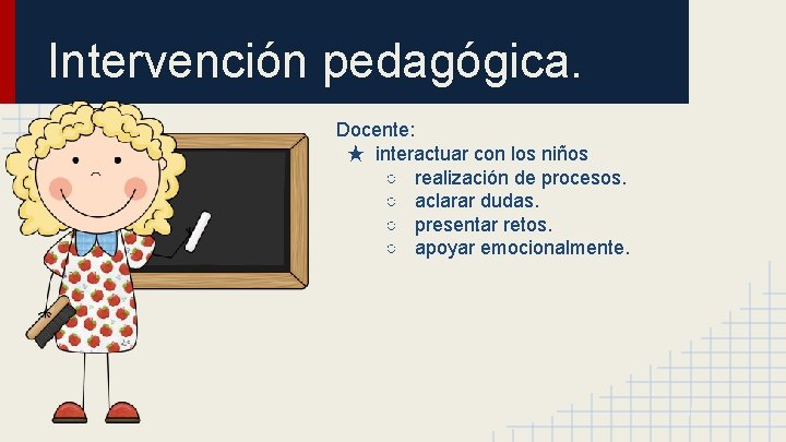 Intervención pedagógica. Docente: ★ interactuar con los niños ○ realización de procesos. ○ aclarar Intervención pedagógica. Docente: ★ interactuar con los niños ○ realización de procesos. ○ aclarar