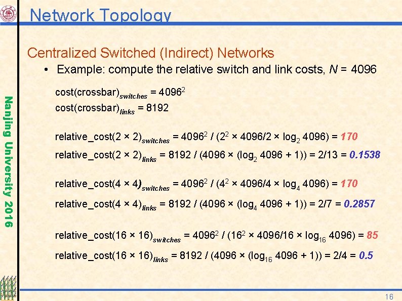 Network Topology Centralized Switched (Indirect) Networks • Example: compute the relative switch and link