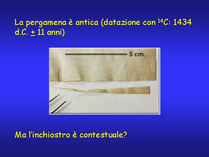 La pergamena è antica (datazione con 14 C: 1434 d. C. + 11 anni)