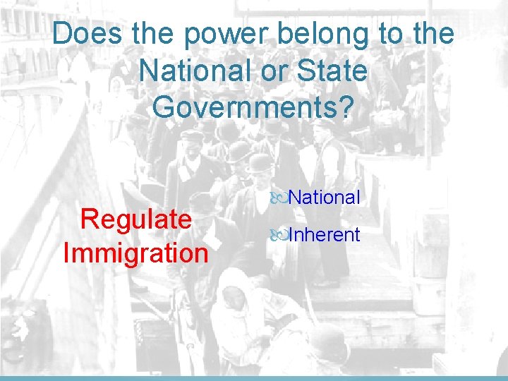 Does the power belong to the National or State Governments? Regulate Immigration National Inherent