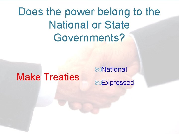 Does the power belong to the National or State Governments? Make Treaties National Expressed