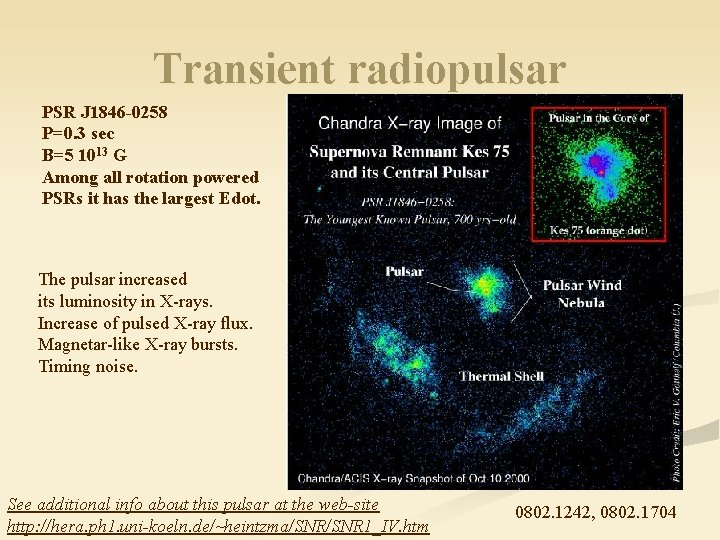 Transient radiopulsar PSR J 1846 -0258 P=0. 3 sec B=5 1013 G Among all