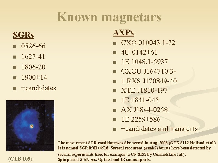 Known magnetars SGRs n n n 0526 -66 1627 -41 1806 -20 1900+14 +candidates