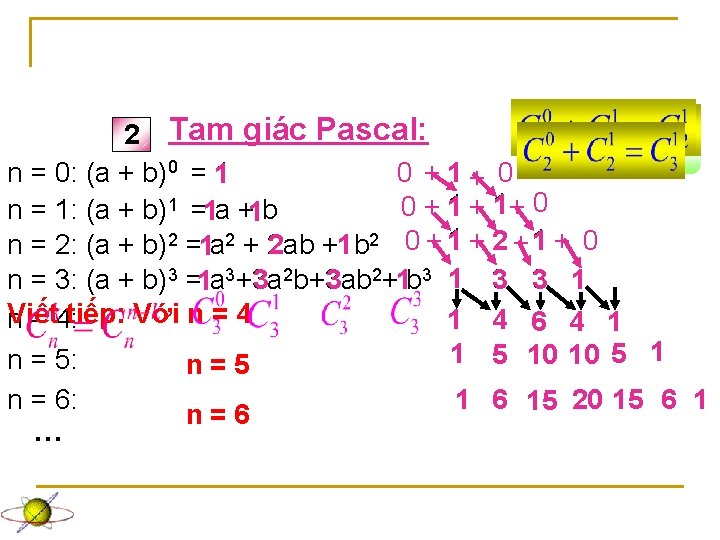 2 Tam giác Pascal: n = 0: (a + b)0 = 1 0 +1+