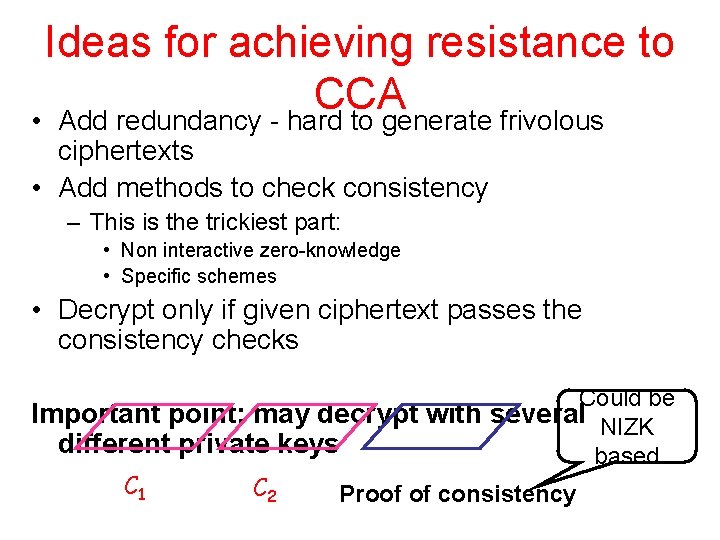 Ideas for achieving resistance to CCA • Add redundancy - hard to generate frivolous