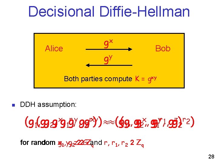 Decisional Diffie-Hellman gx Alice gy Bob Both parties compute K = gxy n DDH