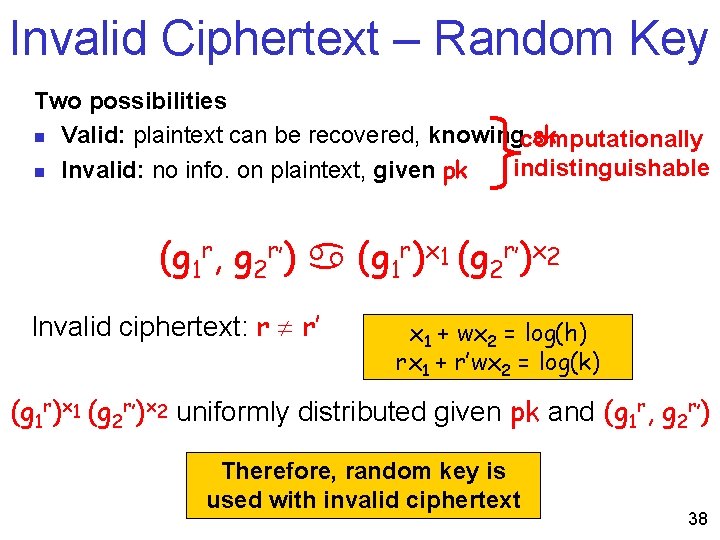 Invalid Ciphertext – Random Key Two possibilities n Valid: plaintext can be recovered, knowingcomputationally