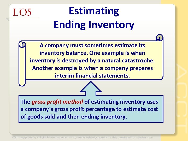 LO 5 Estimating Ending Inventory A company must sometimes estimate its inventory balance. One