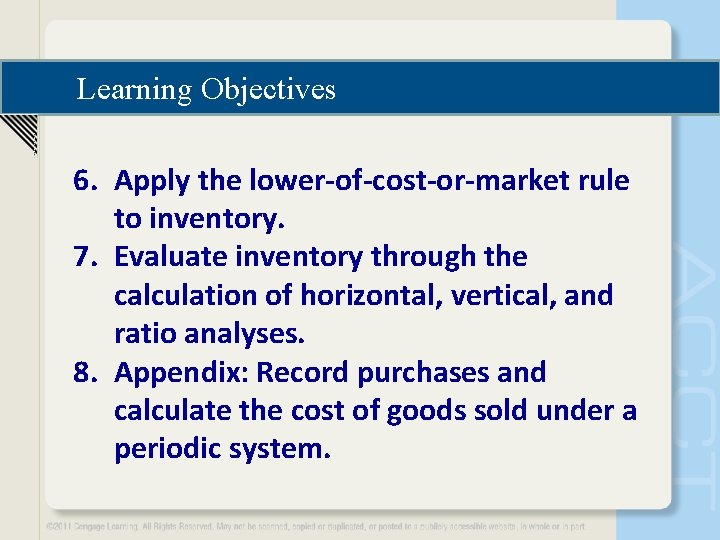Learning Objectives 6. Apply the lower-of-cost-or-market rule to inventory. 7. Evaluate inventory through the