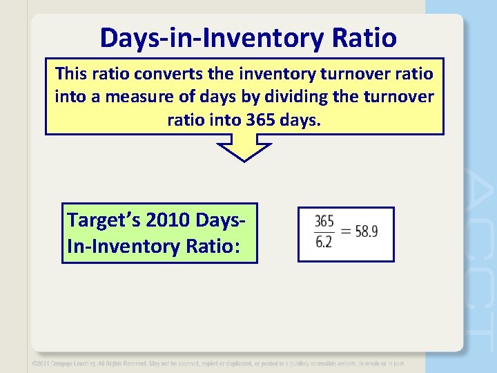 Days-in-Inventory Ratio This ratio converts the inventory turnover ratio into a measure of days