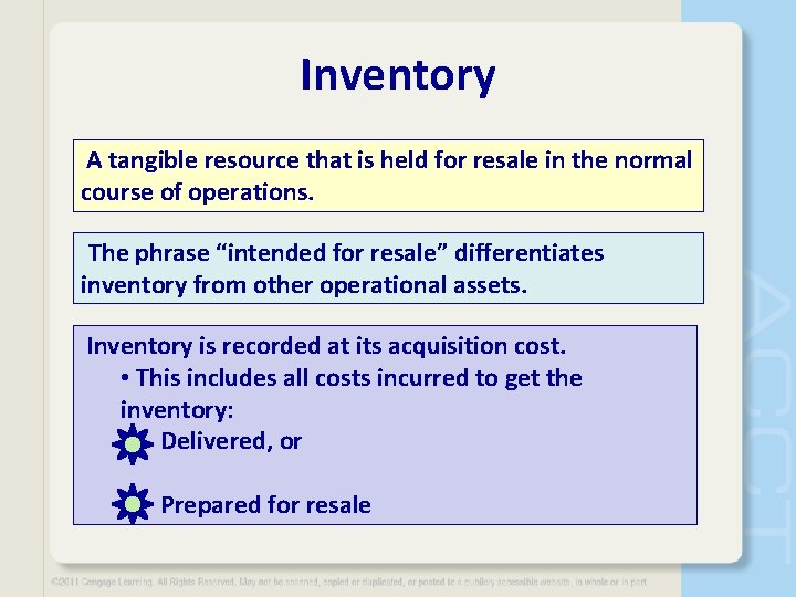 Inventory A tangible resource that is held for resale in the normal course of