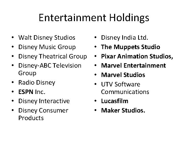 Entertainment Holdings • • Walt Disney Studios Disney Music Group Disney Theatrical Group Disney-ABC