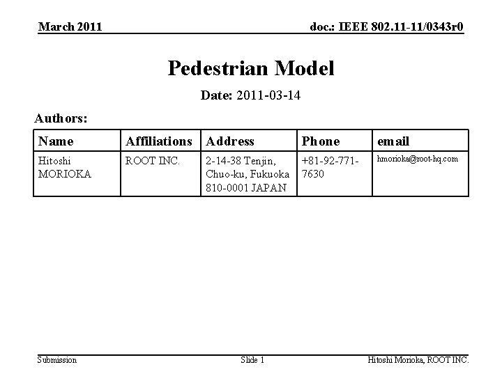 March 2011 doc. : IEEE 802. 11 -11/0343 r 0 Pedestrian Model Date: 2011