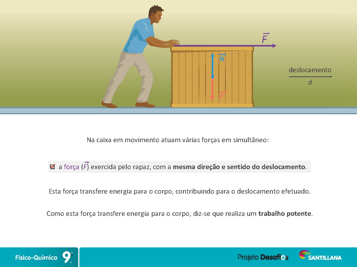 F N deslocamento d P Na caixa em movimento atuam várias forças em simultâneo: