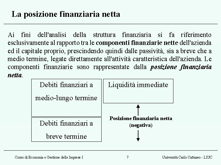 La posizione finanziaria netta Ai fini dell'analisi della struttura finanziaria si fa riferimento esclusivamente